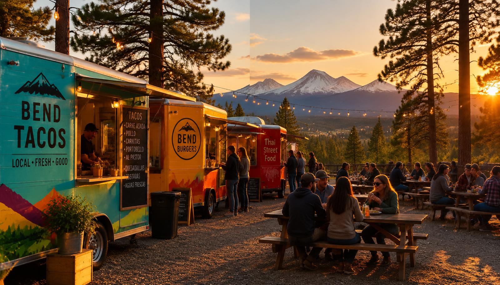 Food carts at sunset with the Cascades behind